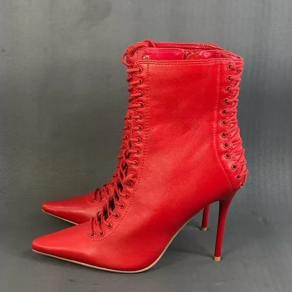 Steve Madden Red Allnight Leather Laced Stiletto Heel Booties womens size 6 new - Picture 3 of 10